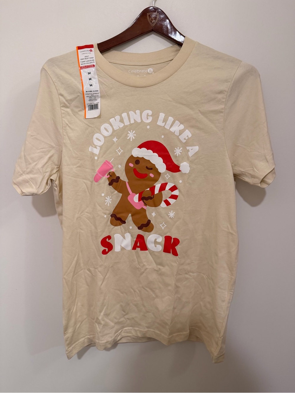 Celebrate It Gingerbread Man Graphic T-Shirt Beige Unisex M Short Sleeve Crew